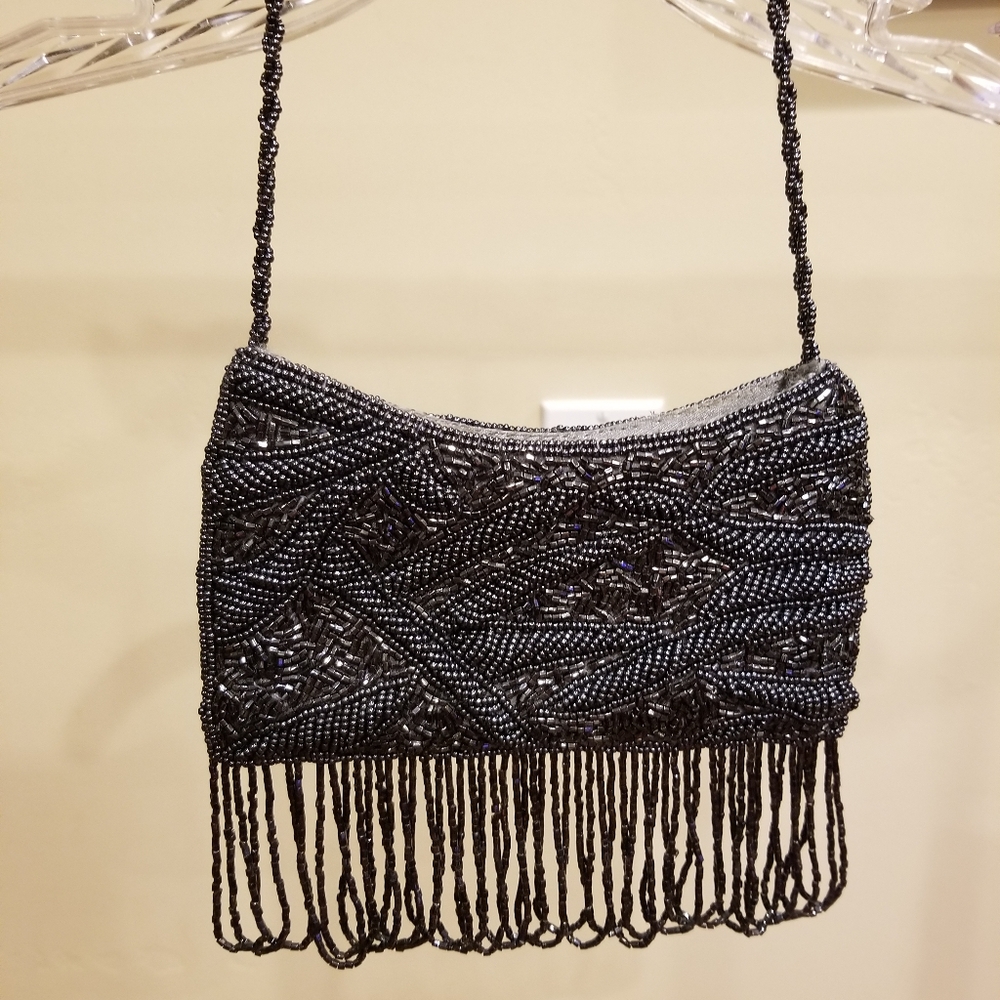 Cache Black Beaded Fringe Clutch
